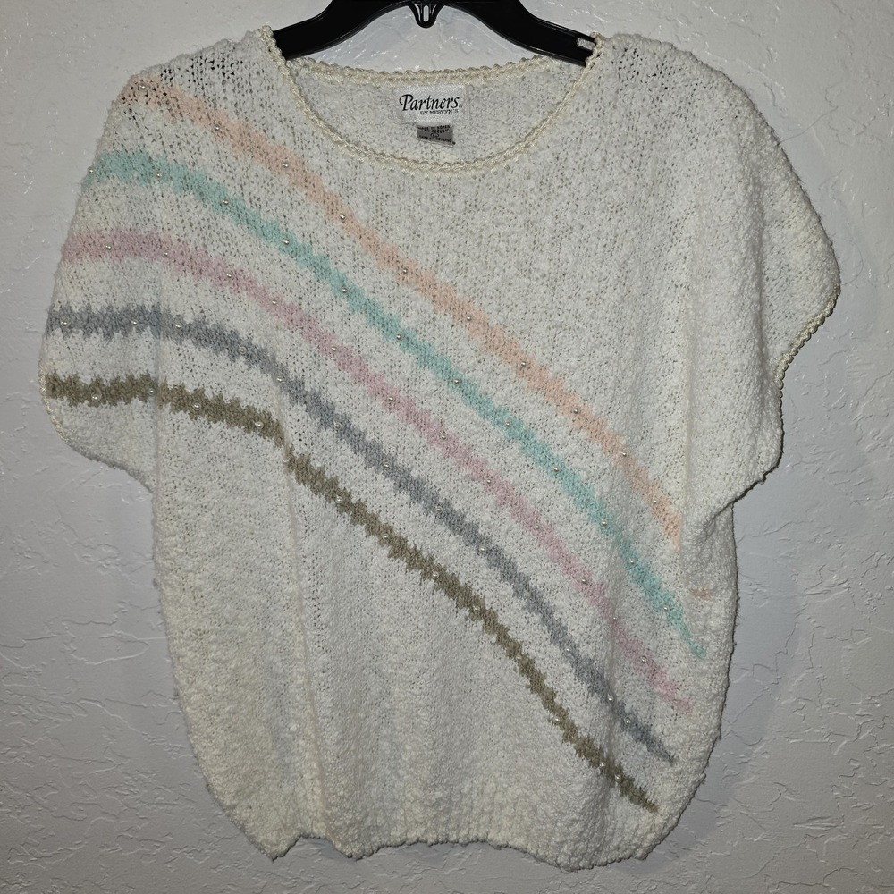 VTG 90s Partners Mervyns Women's White Pearl Short Sleeve Acrylic Sweater Large